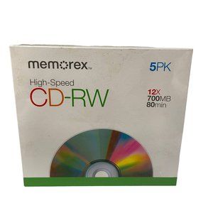 Memorex CD RW 5‎ pack High Speed 700MB 80 Minutes with Slim Jewel Cases